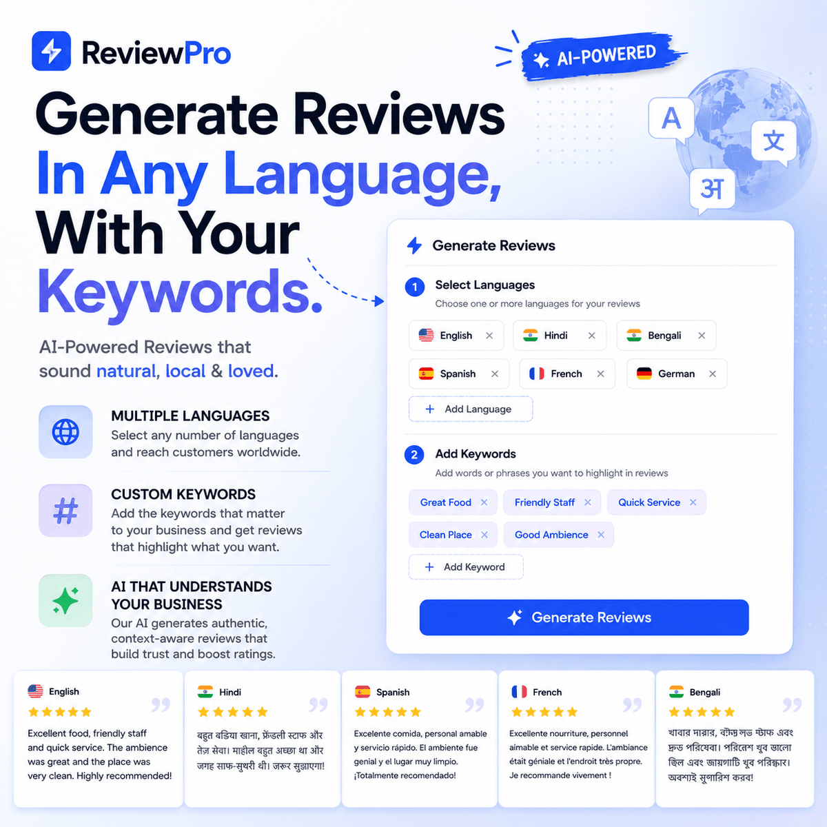 Multi-language AI review generation dashboard