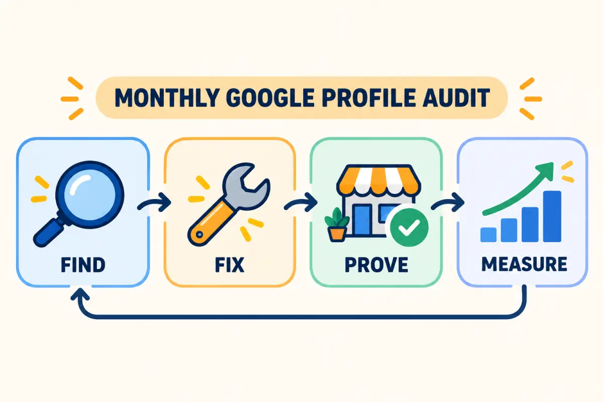 Diagram showing the Google Business Profile audit loop: find, fix, prove, and measure