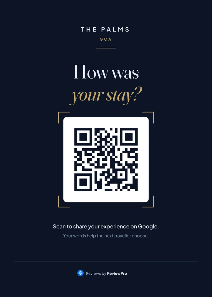 ReviewPro premium QR standee for a hotel desk: How was your stay? Scan to share your experience on Google.